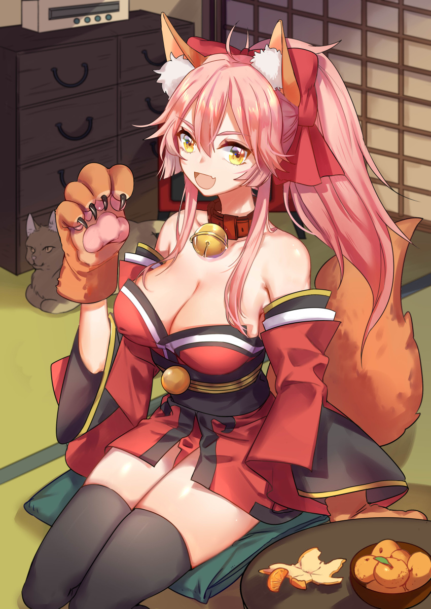 1girl absurdres almond_(artist) animal animal_ears bare_shoulders bell bell_collar black_legwear breasts cat cat_hair_ornament cat_paws cleavage collar collarbone fangs fate/grand_order fate_(series) fox_ears fox_tail gloves hair_ornament hair_ribbon highres indoors japanese_clothes jingle_bell large_breasts open_mouth paw_gloves paws pink_hair ponytail red_ribbon ribbon seiza sitting solo tail tamamo_(fate)_(all) tamamo_cat_(fate) thigh-highs