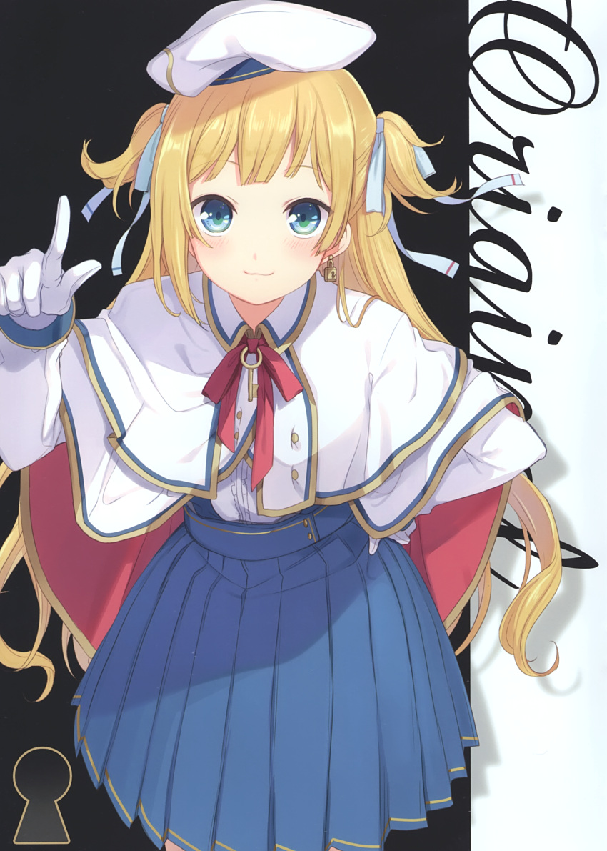 1girl 6u_(eternal_land) absurdres aqua_eyes bangs beret blonde_hair blush bow bowtie buttons capelet closed_mouth earrings eyebrows_visible_through_hair gloves hand_on_hip hat highres jewelry key lock long_hair long_sleeves looking_at_viewer original padlock pleated_skirt scan short_twintails simple_background skirt smile solo twintails white_gloves