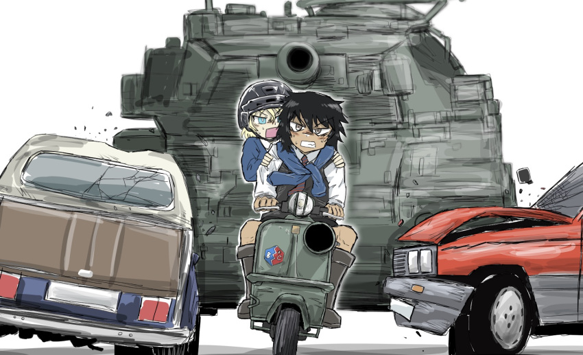 2girls andou_(girls_und_panzer) bc_freedom_(emblem) bc_freedom_school_uniform black_eyes black_hair blonde_hair blue_eyes car chasing crushing dark_skin emblem girls_und_panzer ground_vehicle highres military military_vehicle miraruto_(h3yja) motor_vehicle multiple_girls oshida_(girls_und_panzer) scooter tank vespa vespa_150_tap white_background