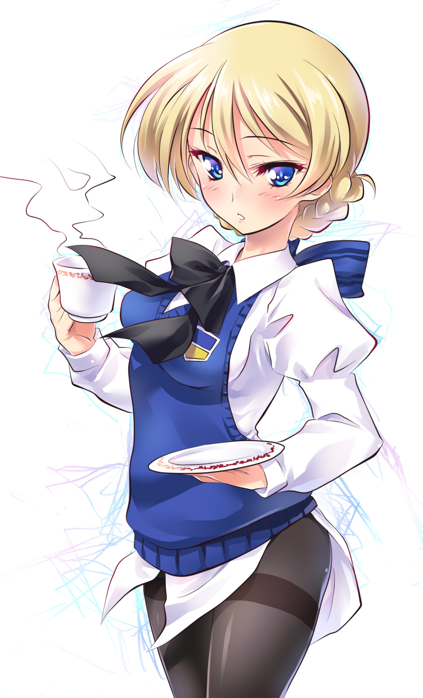 1girl adapted_uniform bangs black_bow black_neckwear blonde_hair blue_eyes blue_sweater bow bowtie braid commentary_request cowboy_shot cup darjeeling dress_shirt emblem eyebrows_visible_through_hair girls_und_panzer highres holding kuzuryuu_kennosuke long_sleeves looking_at_viewer no_pants pantyhose parted_lips saucer school_uniform shirt short_hair solo st._gloriana's_school_uniform standing steam sweater teacup tied_hair twin_braids v-neck white_background white_shirt wing_collar