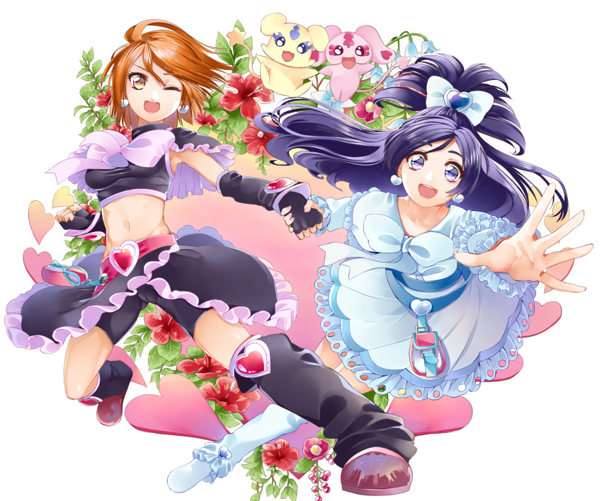 2girls :d ;d bangs bike_shorts black_capelet black_gloves black_shorts blue_eyes bow bowtie breasts brown_hair capelet collarbone crop_top cure_black cure_white detached_sleeves dress earrings fingerless_gloves floating_hair flower futari_wa_precure gloves hair_bow hand_holding heart heart_earrings hibiscus highres jewelry leg_warmers long_hair looking_at_viewer mepple midriff mipple misumi_nagisa multiple_girls navel one_eye_closed open_mouth outstretched_arm parted_bangs pink_bow ponytail precure purple_hair red_flower short_hair short_shorts shorts simple_background small_breasts smile stomach very_long_hair white_background white_bow white_dress yellow_eyes yukishiro_honoka yuutarou_(fukiiincho)