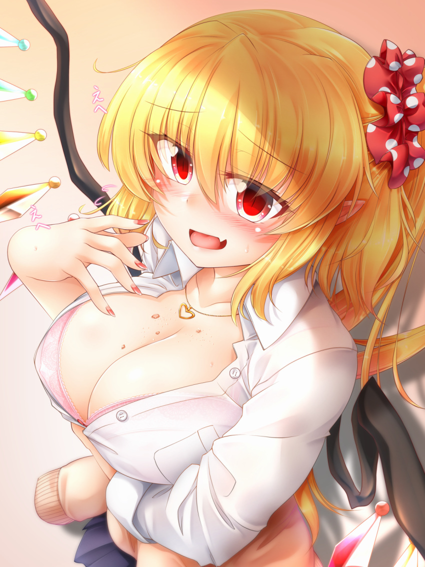 1girl alternate_breast_size blonde_hair blush bra breasts cleavage eyebrows_visible_through_hair fang flandre_scarlet hair_ribbon highres jewelry large_breasts long_hair looking_at_viewer m9kndi nail_polish necklace open_mouth pink_bra pointy_ears polka_dot_ribbon red_eyes red_nails red_ribbon ribbon shadow shirt side_ponytail smile solo touhou underwear white_shirt wings