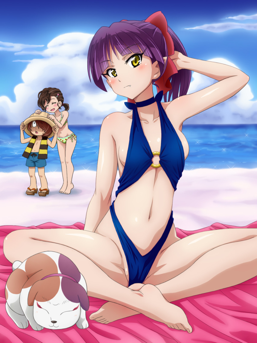 1boy 2girls :d ^_^ animal arm_up bangs bare_arms bare_legs bare_shoulders barefoot beach bikini blue_shorts blue_sky blue_swimsuit blush bow brown_hair closed_eyes closed_mouth clouds collarbone commentary_request crossed_ankles day dog eyebrows_visible_through_hair fang fang_out gegege_no_kitarou geta green_bikini groin hair_bow hair_ornament hair_over_one_eye hairclip head_tilt highres horizon inuyama_mana kitarou long_hair looking_at_viewer mameshiba multiple_girls navel nekomusume nekomusume_(gegege_no_kitarou_6) o-ring_swimsuit ocean open_mouth outdoors purple_hair red_bow sand short_shorts shorts sitting sky smile standing striped striped_vest swimsuit vest water yellow_eyes