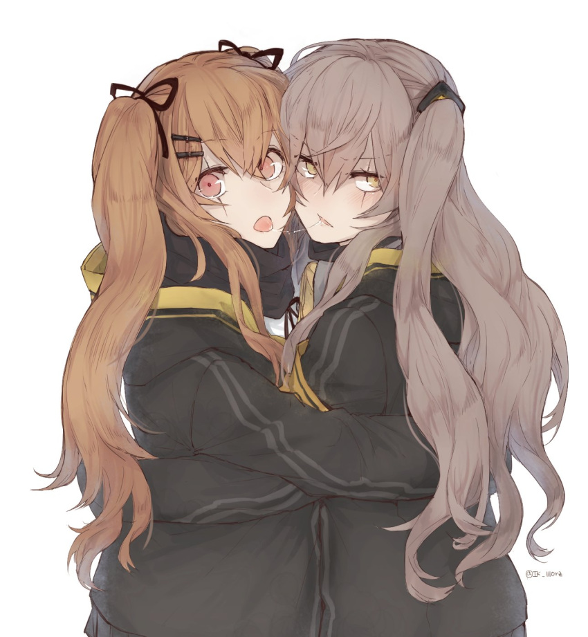 2girls after_kiss android armband bangs black_jacket black_ribbon blush brown_hair collared_shirt crossed_bangs eyebrows_visible_through_hair facial_scar facing_to_the_side girls_frontline hair_between_eyes hair_ornament hair_ribbon hairclip highres hood hood_down hooded_jacket hoodie hug incest jacket ki_lllorz long_hair long_sleeves looking_at_viewer multiple_girls open_clothes open_jacket parted_lips red_eyes ribbon saliva saliva_trail scar scar_across_eye scarf shirt siblings side_ponytail sidelocks simple_background sisters striped_hoodie tongue tongue_out track_jacket twintails ump45_(girls_frontline) ump9_(girls_frontline) upper_body white_background white_shirt yellow_eyes yuri