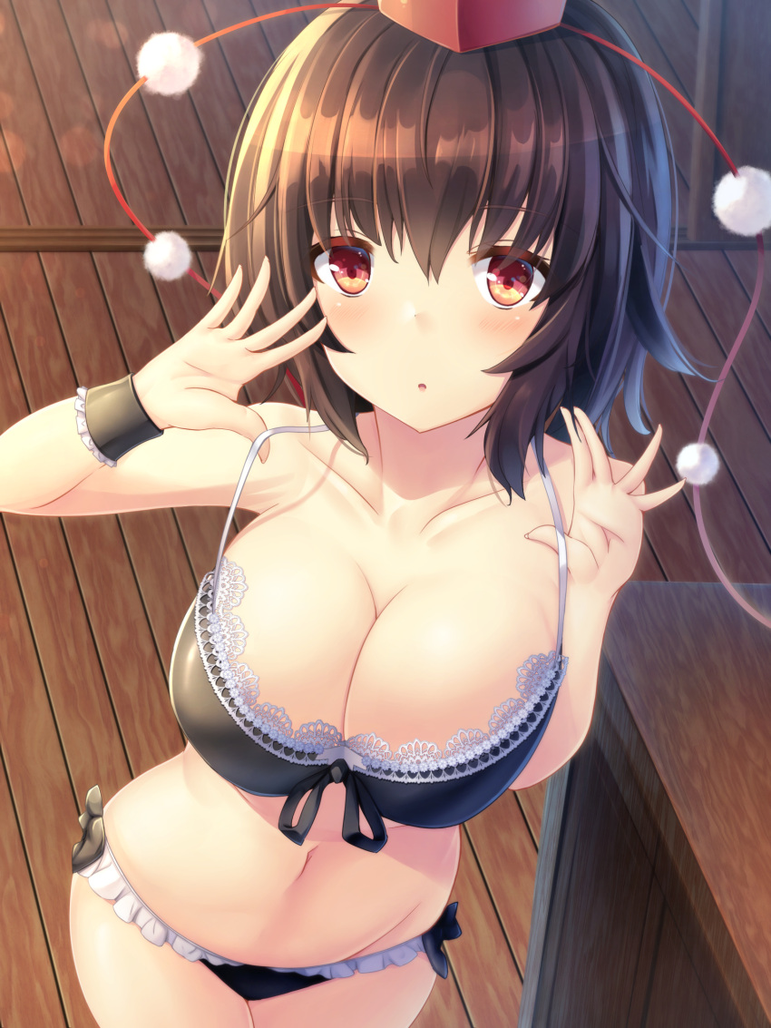 1girl absurdres black_bra black_hair black_panties bow bow_panties bra breasts cleavage collarbone commentary_request cowboy_shot frilled_bra frilled_panties frills from_above groin hat highres indoors large_breasts liya navel open_mouth panties pom_pom_(clothes) red_eyes shameimaru_aya short_hair solo strap_pull tokin_hat touhou underwear wristband