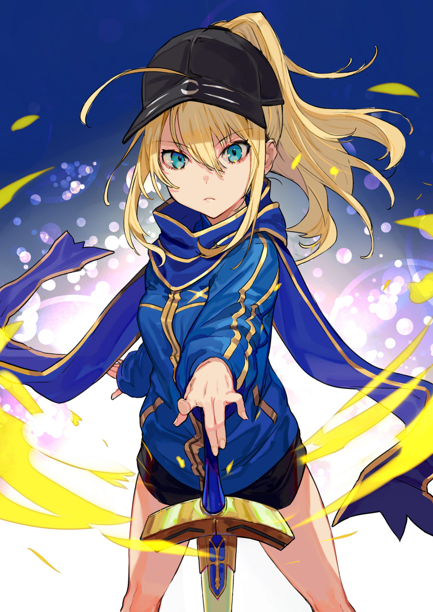 &gt;:( 1girl absurdres artoria_pendragon_(all) bangs baseball_cap black_hat black_shorts blonde_hair blue_eyes blue_jacket blue_scarf closed_mouth commentary_request eyebrows_visible_through_hair fate/extella fate/extra fate/grand_order fate_(series) fingernails hair_between_eyes hair_through_headwear hand_on_hilt hat high_ponytail highres himitsucalibur jacket long_sleeves mysterious_heroine_x outstretched_arm ponytail scarf short_shorts shorts sleeves_past_wrists solo standing sword track_jacket v-shaped_eyebrows weapon yuu_(higashi_no_penguin)