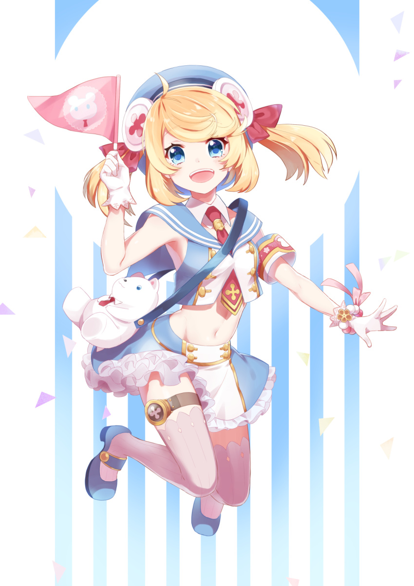 1girl 20day_cc :d animal_ears armband bangs bear_ears beret blonde_hair blue_eyes blue_footwear blue_hat confetti crop_top double-breasted fake_animal_ears flag frills gloves grey_legwear hair_ribbon hat highres holding holding_flag jumping looking_at_viewer mary_janes midriff navel necktie open_mouth original pink_ribbon red_neckwear red_ribbon ribbon school_uniform serafuku shirt shoes shoulder_strap skirt sleeveless sleeveless_shirt smile solo stuffed_animal stuffed_toy swept_bangs teddy_bear thigh-highs thigh_strap two_side_up upper_teeth virtual_youtuber white_gloves wrist_ribbon