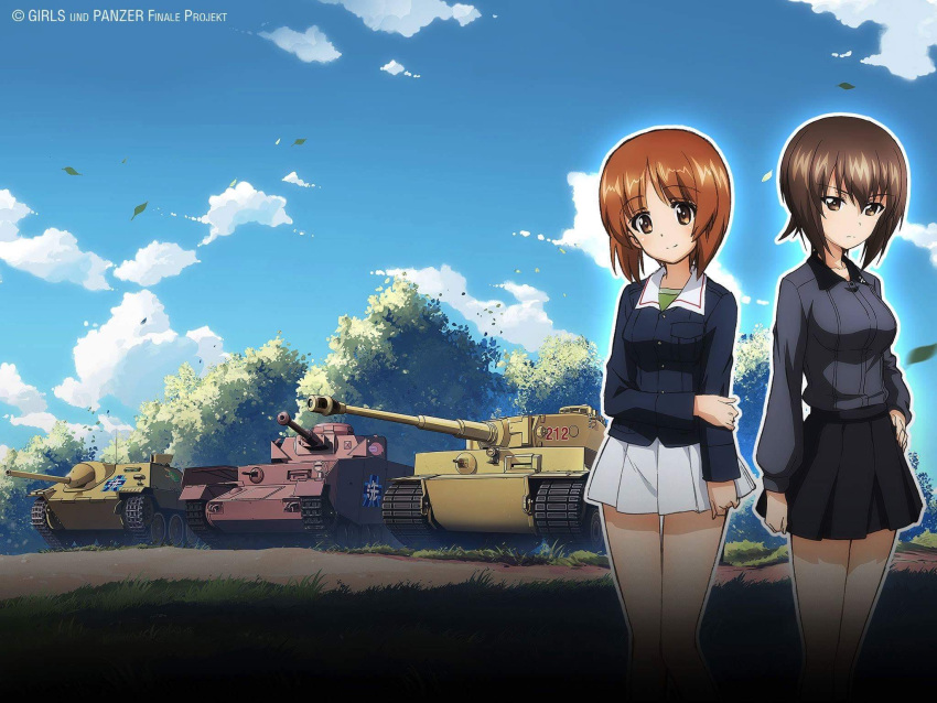 2girls artist_request brown_eyes brown_hair clouds emblem girls_und_panzer grass ground_vehicle highres jagdpanzer_38(t) kuromorimine_school_uniform military military_vehicle motor_vehicle multiple_girls nishizumi_maho nishizumi_miho official_art ooarai_(emblem) ooarai_military_uniform panzerkampfwagen_iv siblings sisters skirt sky smile source_request tank tiger_i tree