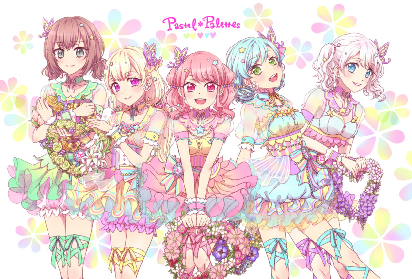 5girls :d alternate_hairstyle ankle_lace-up aqua_hair bang_dream! bangs blonde_hair bloomers blue_eyes blue_ribbon bow brown_hair butterfly_hair_ornament commentary_request cross-laced_footwear detached_collar detached_sleeves dress earrings green_eyes green_ribbon grey_eyes grin group_name hair_ornament heart hikawa_hina holding jewelry long_hair looking_at_viewer maruyama_aya minato_(mintoo11) multicolored multicolored_bow multicolored_clothes multicolored_dress multiple_girls open_mouth pastel_palettes pink_eyes pink_hair pink_ribbon purple_ribbon ribbon shirasagi_chisato short_hair smile star star_hair_ornament twintails underwear violet_eyes wakamiya_eve wavy_hair white_hair wreath wrist_cuffs yamato_maya yellow_ribbon