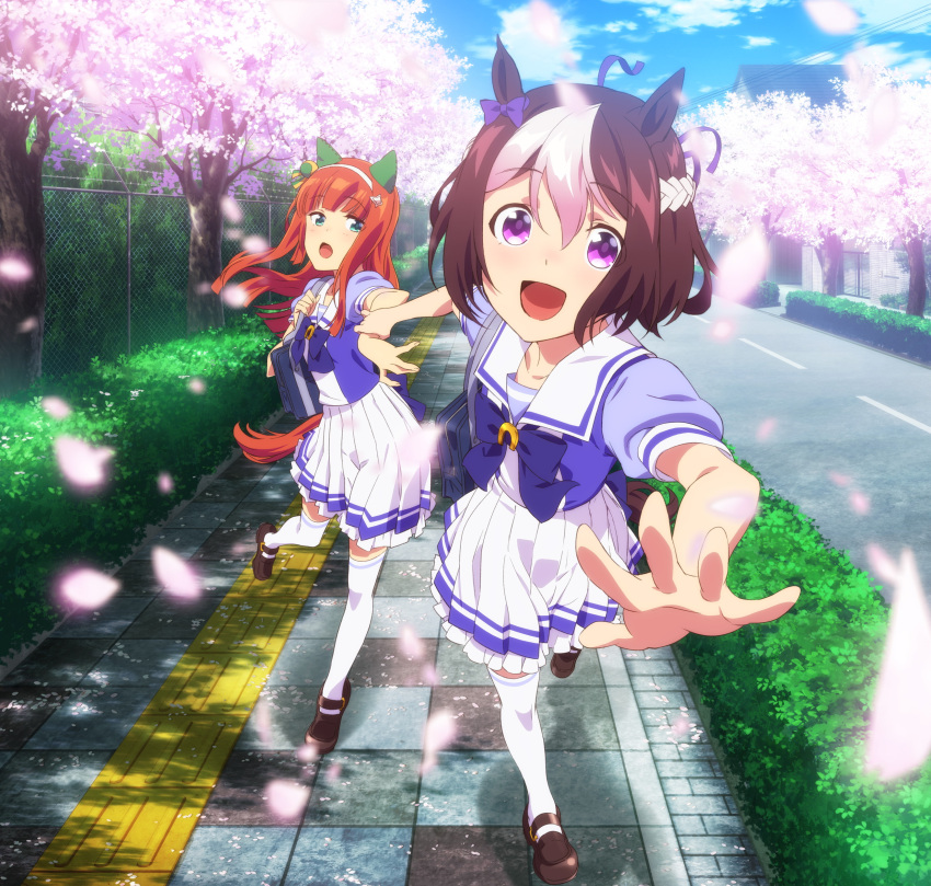 2girls absurdres animal_ears bag bangs blunt_bangs brown_hair cherry_blossoms ear_covers eyebrows_visible_through_hair green_eyes hair_ornament hairband hairpin highres holding_hand horse_ears horse_tail long_hair multicolored_hair multiple_girls official_art open_mouth orange_hair pleated_skirt school_uniform short_hair sidewalk silence_suzuka skirt special_week tail thigh-highs two-tone_hair umamusume violet_eyes zettai_ryouiki