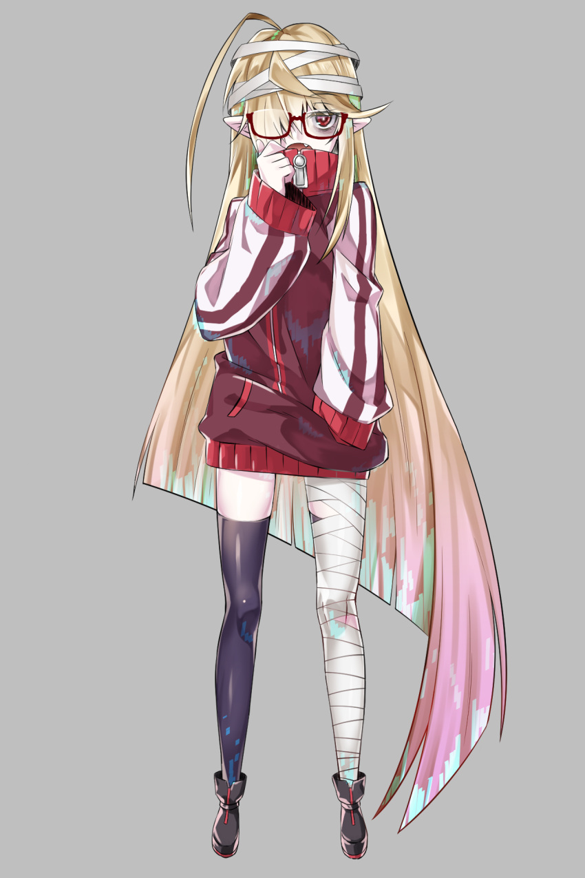 1girl bangs black_legwear blonde_hair fang glasses hal-bard highres light_blue_hair long_hair long_sleeves multicolored_hair original pink_hair red_eyes shoes thigh-highs vampire very_long_hair virtual_youtuber wide_sleeves zipper zipper_pull_tab