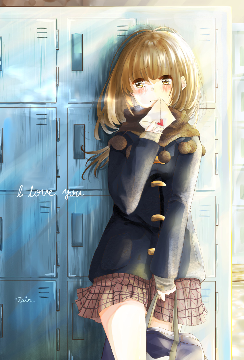 1girl absurdres bag bangs black_coat blush brown_eyes brown_hair brown_skirt closed_mouth commentary_request english frown furrowed_eyebrows heart heart_stickers highres holding holding_bag holding_letter letter locker long_hair long_sleeves love_letter original plaid plaid_skirt rain_(leying2626) school_bag school_uniform shoulder_bag skirt solo standing valentine