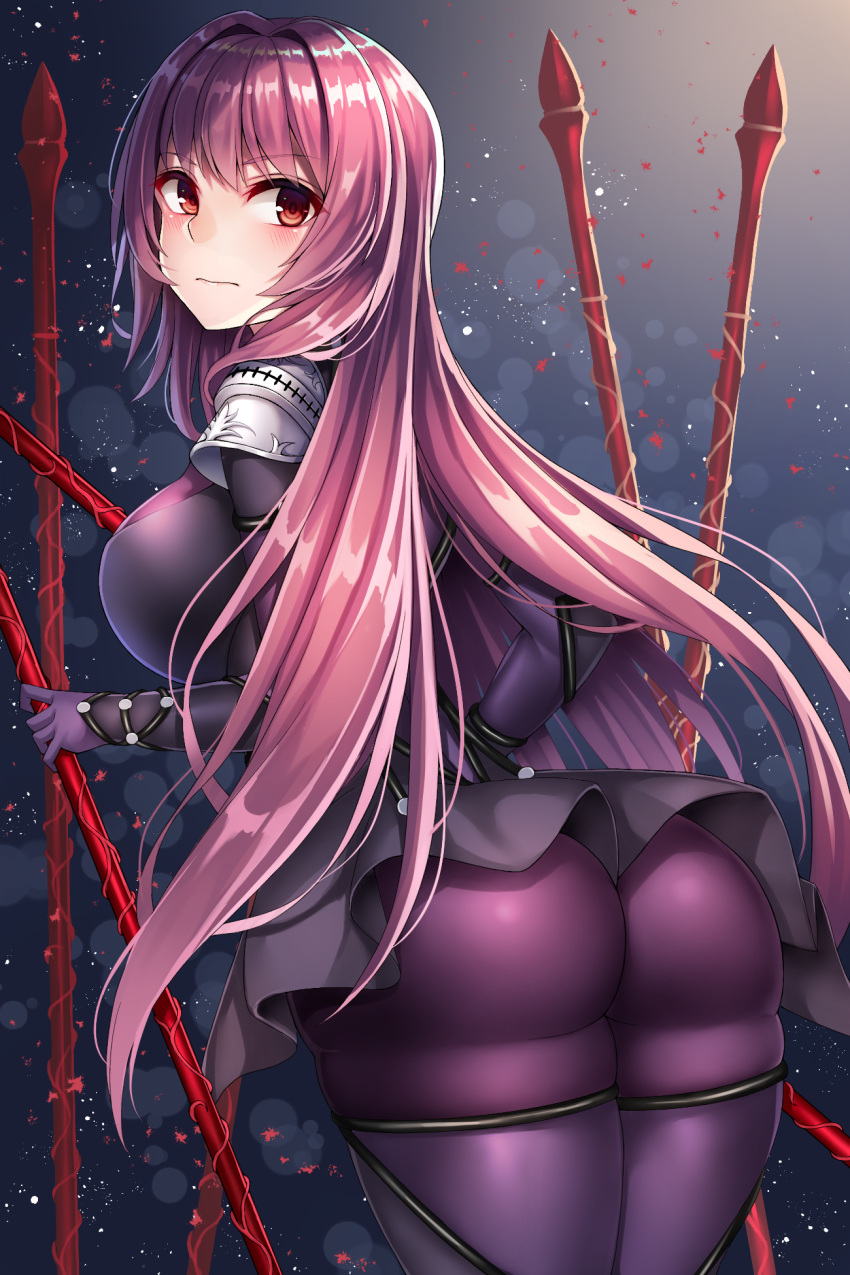 ass beeyan blush bodysuit breasts commentary_request dual_wielding fate/grand_order fate_(series) gae_bolg hair_intakes highres holding holding_weapon large_breasts long_hair looking_at_viewer looking_back pauldrons planted_weapon polearm purple_bodysuit purple_hair red_eyes scathach_(fate/grand_order) shoulder_armor solo spear wavy_mouth weapon