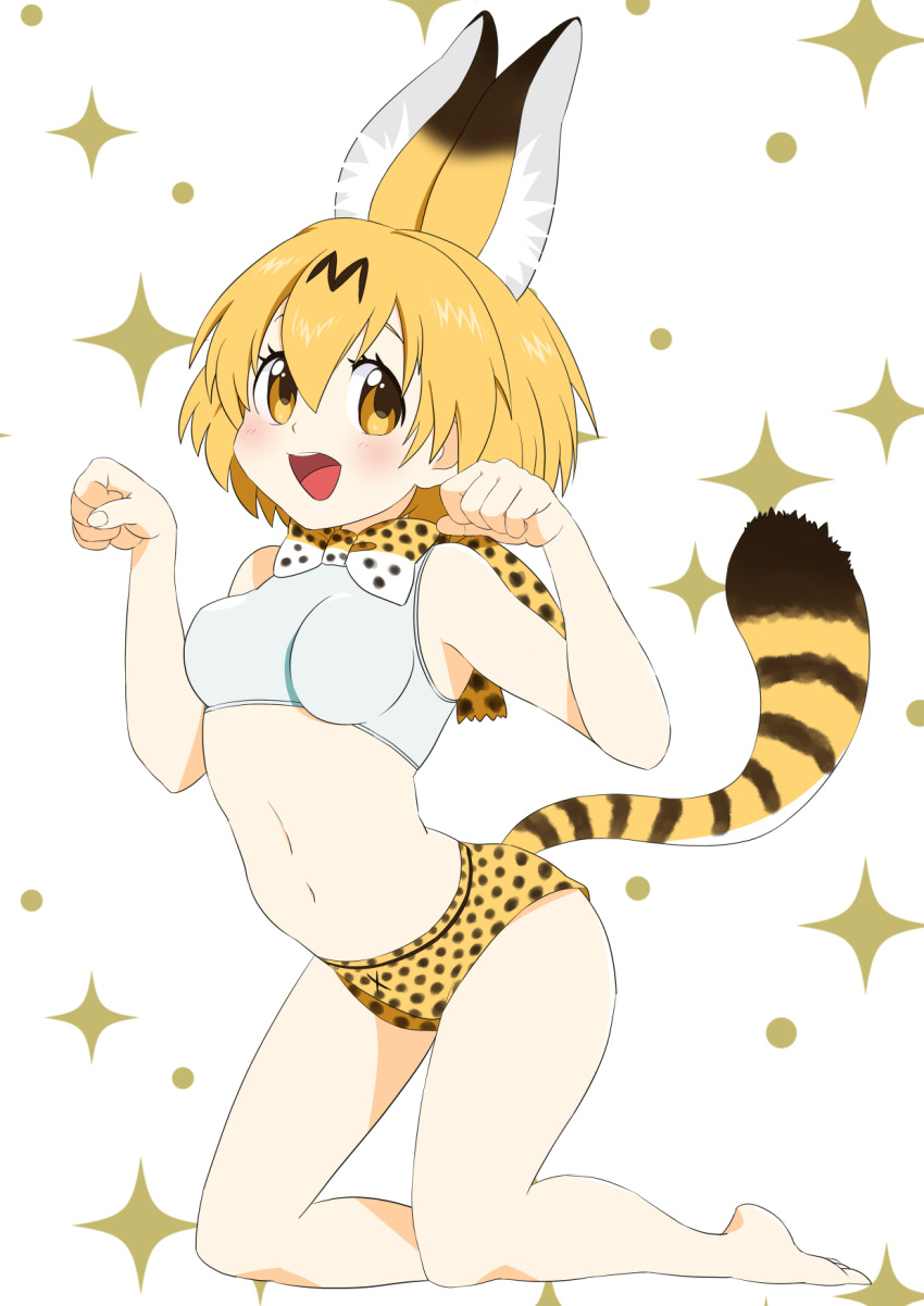 1girl :d adapted_costume animal_ears bangs bare_arms bare_legs bare_shoulders barefoot bikini blonde_hair bow bowtie breasts eyebrows eyelashes facing_away fingernails full_body gotounoriji hair_between_eyes hands_up highres kemono_friends kneeling looking_at_viewer medium_breasts midriff multicolored_bow multicolored_neckwear navel open_mouth paw_pose serval_(kemono_friends) serval_ears serval_print serval_tail short_hair smile solo sparkle stomach striped_tail swimsuit tail tail_raised tareme teeth tongue white_background white_bow white_neckwear yellow_background yellow_bow yellow_eyes yellow_neckwear