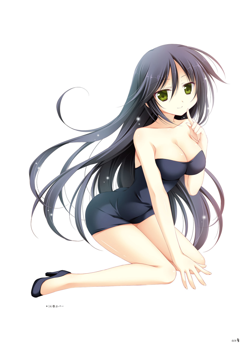 1girl bangs black_dress black_footwear black_hair breasts cleavage collarbone dress floating_hair full_body green_eyes hair_between_eyes high_heels highres index_finger_raised juuoumujin_no_fafnir kneeling korie_riko long_hair looking_at_viewer medium_breasts page_number pumps shiny shiny_hair shiny_skin short_dress smile solo strapless strapless_dress striped striped_dress swept_bangs tube_dress very_long_hair