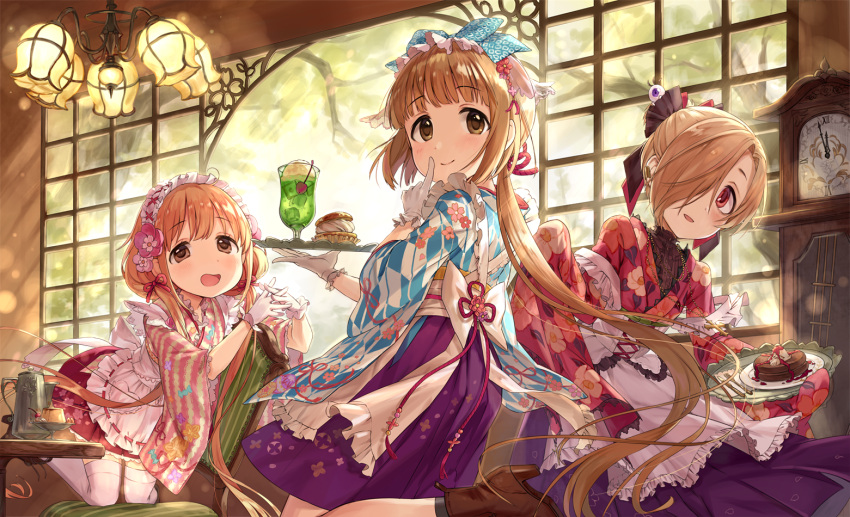 3girls apron back_bow backlighting blonde_hair blush boots bow brown_eyes brown_hair ceiling_light chair cherry clock cross cross_necklace cup drinking_glass ear_piercing eyeball eyebrows_visible_through_hair feet_out_of_frame finger_to_mouth floral_print flower food fork frilled_apron frills fruit futaba_anzu gloves grandfather_clock hair_bow hair_flower hair_ornament hair_over_one_eye hair_ribbon hakama high_heel_boots high_heels holding holding_tray idolmaster idolmaster_cinderella_girls japanese_clothes jewelry kimono knife long_hair looking_at_viewer low_twintails macaron maid_apron maid_headdress multiple_girls necklace open_mouth pancake piercing plate ponytail pudding red_eyes ribbon shirasaka_koume short_hair short_kimono skirt sleeves_past_fingers sleeves_past_wrists smile steepled_fingers sunlight table tamaext teapot thigh-highs tray tree twintails wa_maid waist_apron waitress white_apron white_legwear wide_sleeves window yorita_yoshino