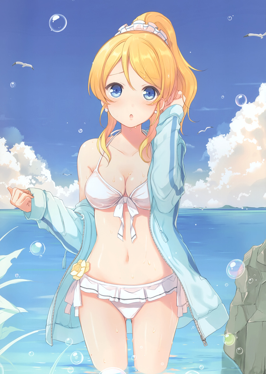 1girl 6u_(eternal_land) absurdres animal ayase_eli bangs bikini bird blonde_hair blue_eyes blue_sky blush breasts bubble cleavage clouds collarbone day earrings eyebrows_visible_through_hair front-tie_bikini front-tie_top halterneck highres jacket jewelry long_hair love_live! love_live!_school_idol_project medium_breasts navel off_shoulder open_clothes open_jacket open_mouth outdoors ponytail scan shiny shiny_skin sky solo swimsuit water water_drop white_bikini