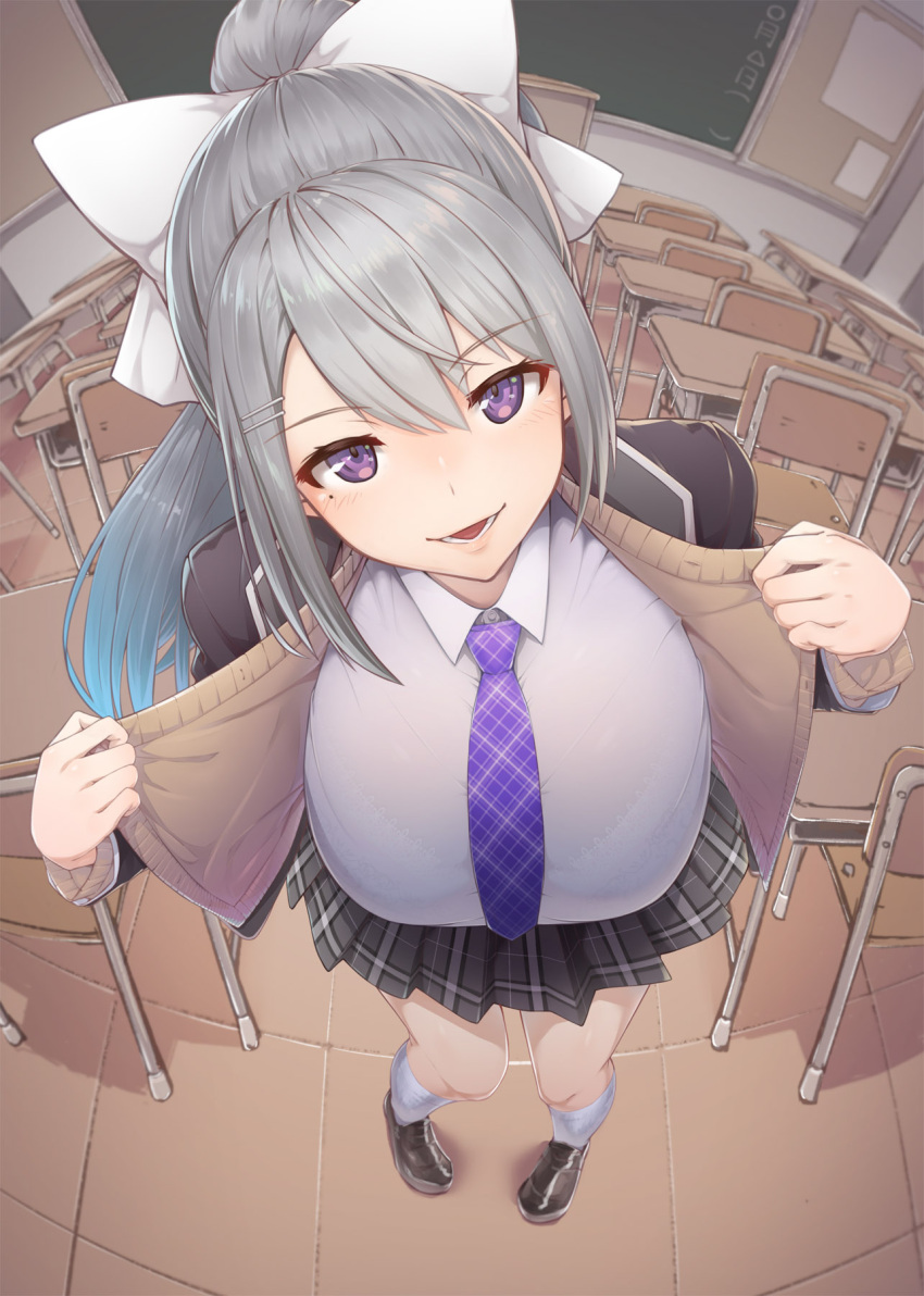 1girl :d blazer blue_hair blue_neckwear bow bra breasts chair chalkboard classroom collared_shirt from_above full_body gradient_hair grey_hair half-closed_eyes highres higuchi_kaede huge_breasts jacket long_sleeves looking_at_viewer mole mole_under_eye multicolored_hair naughty_face nijisanji open_clothes open_mouth plaid plaid_neckwear plaid_skirt pleated_skirt ponytail school_uniform see-through serafuku shirt skirt smile standing table two-tone_hair underwear urigarasu violet_eyes virtual_youtuber white_bow