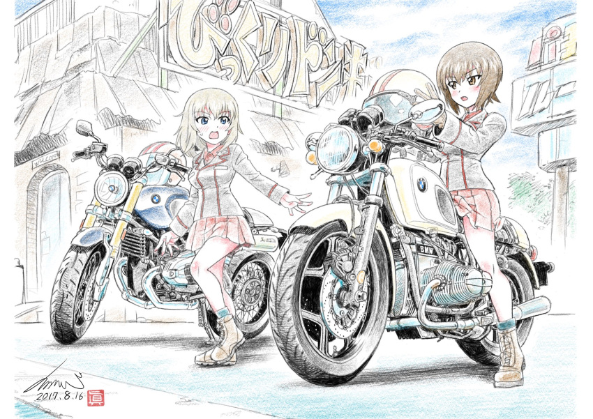 2girls ankle_boots artist_name bangs black_footwear black_jacket black_legwear blush bmw boots brown_eyes brown_hair building closed_mouth clouds cloudy_sky commentary cross-laced_footwear dated day dress_shirt eyebrows_visible_through_hair frown girls_und_panzer helmet highres holding itsumi_erika jacket kubota_shinji kuromorimine_military_uniform lace-up_boots long_hair long_sleeves looking_at_another military military_uniform miniskirt motorcycle_helmet multiple_girls nishizumi_maho open_mouth outdoors pleated_skirt red_shirt red_skirt riding shirt short_hair signature sitting skirt sky socks standing sweatdrop translation_request uniform vehicle_request watermark