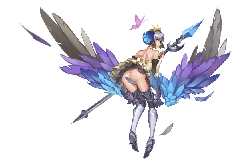 1girl absurdres armor armored_dress ass back black_legwear blue_eyes boots choker closed_mouth crown dress feathers from_behind full_body grey_hair gwendolyn highres holding holding_spear holding_weapon knee_boots layered_dress looking_at_viewer looking_back lost_bable metal_boots miniskirt multicolored multicolored_wings odin_sphere polearm shiny shiny_hair shiny_skin short_hair simple_background skirt solo spear standing thigh-highs weapon white_background white_dress wings yellow_neckwear