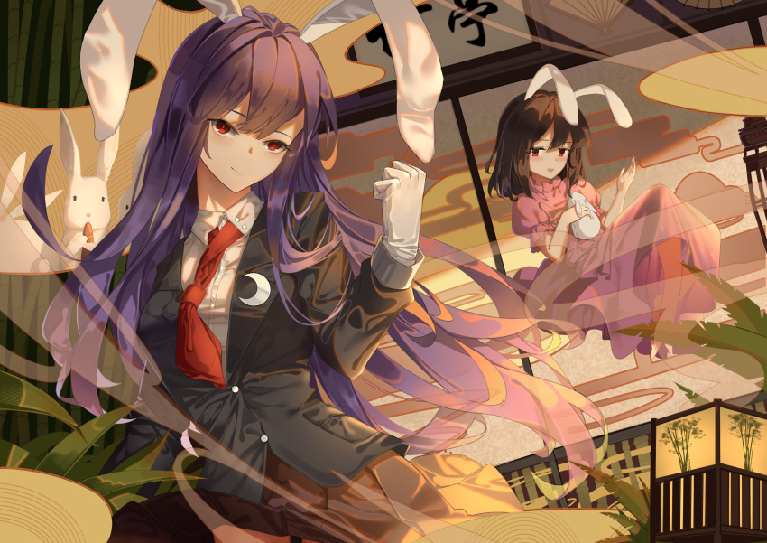 2girls :d absurdres animal animal_ears barefoot blazer brown_hair clenched_hand commentary_request crescent crescent_moon_pin dress floating gloves hair_between_eyes hand_up hands_up highres holding holding_animal inaba_tewi jacket kray._(k-ray) long_hair looking_at_viewer medium_hair multiple_girls open_mouth pink_dress pleated_skirt puffy_short_sleeves puffy_sleeves purple_hair rabbit rabbit_ears red_eyes red_neckwear reisen_udongein_inaba shirt short_sleeves skirt smile touhou very_long_hair white_gloves white_shirt