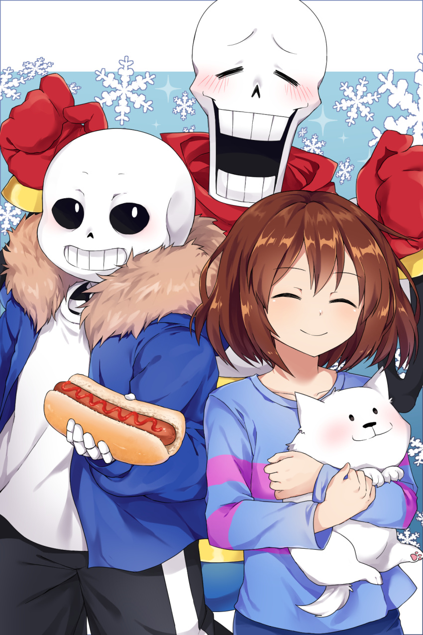 1other 2boys :d ^_^ annoying_dog blush brown_hair caramell0501 closed_eyes coat facing_viewer frisk_(undertale) gloves highres hot_dog looking_at_viewer multiple_boys open_mouth pants papyrus_(undertale) sans scarf shirt skeleton smile teeth track_pants undertale