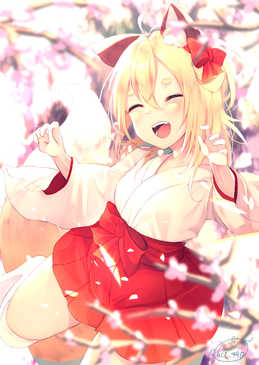 1girl :d ^_^ animal_ears bangs blurry blurry_background blurry_foreground blush bow chita_(ketchup) closed_eyes commentary_request depth_of_field eyebrows_visible_through_hair facing_viewer flower fox_ears fox_girl fox_tail hair_between_eyes hakama hakama_skirt hands_up highres japanese_clothes kimono miko open_mouth original pink_flower red_bow red_hakama short_kimono signature smile solo tail thick_eyebrows thigh-highs tree_branch white_kimono white_legwear