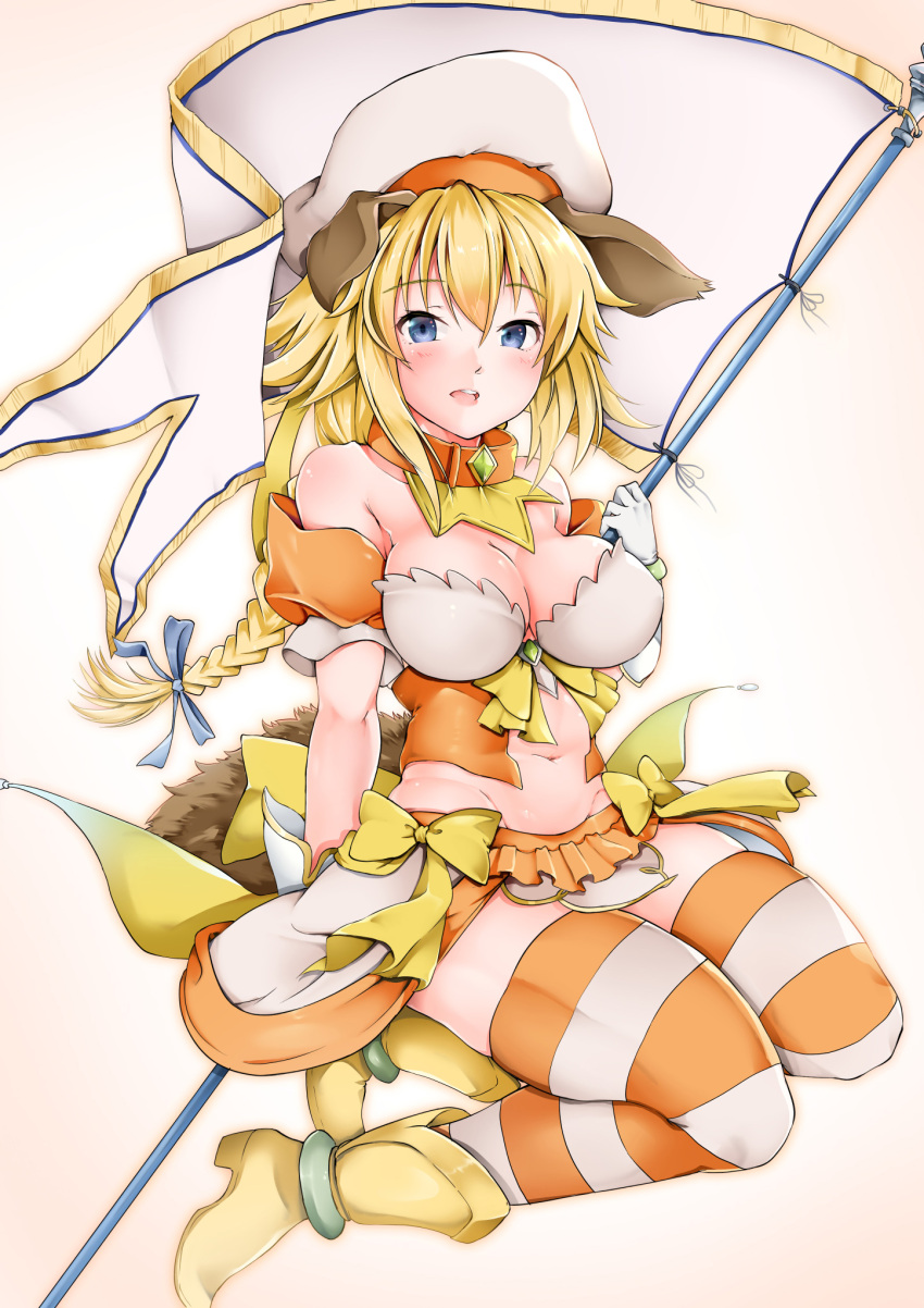 1girl alternate_costume animal_ears blonde_hair blue_eyes blue_ribbon boots braid breasts collar dog_ears dog_tail fate/apocrypha fate_(series) gloves hair_ribbon hat highres horizontal-striped_legwear jeanne_d'arc_(fate) jeanne_d'arc_(fate)_(all) long_hair looking_at_viewer magical_girl medium_breasts navel open_mouth ribbon sezoku single_braid solo striped striped_legwear tail thigh-highs white_gloves white_hat
