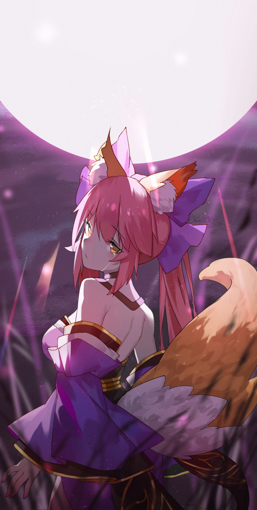 1girl absurdres animal_ears bare_shoulders blue_legwear bow breasts cleavage detached_sleeves erlge fate/grand_order fate_(series) fox_ears fox_tail full_moon hair_bow hair_ribbon highres japanese_clothes large_breasts looking_at_viewer looking_back moon night outdoors pink_hair ribbon tail tamamo_(fate)_(all) tamamo_no_mae_(fate) tears yellow_eyes