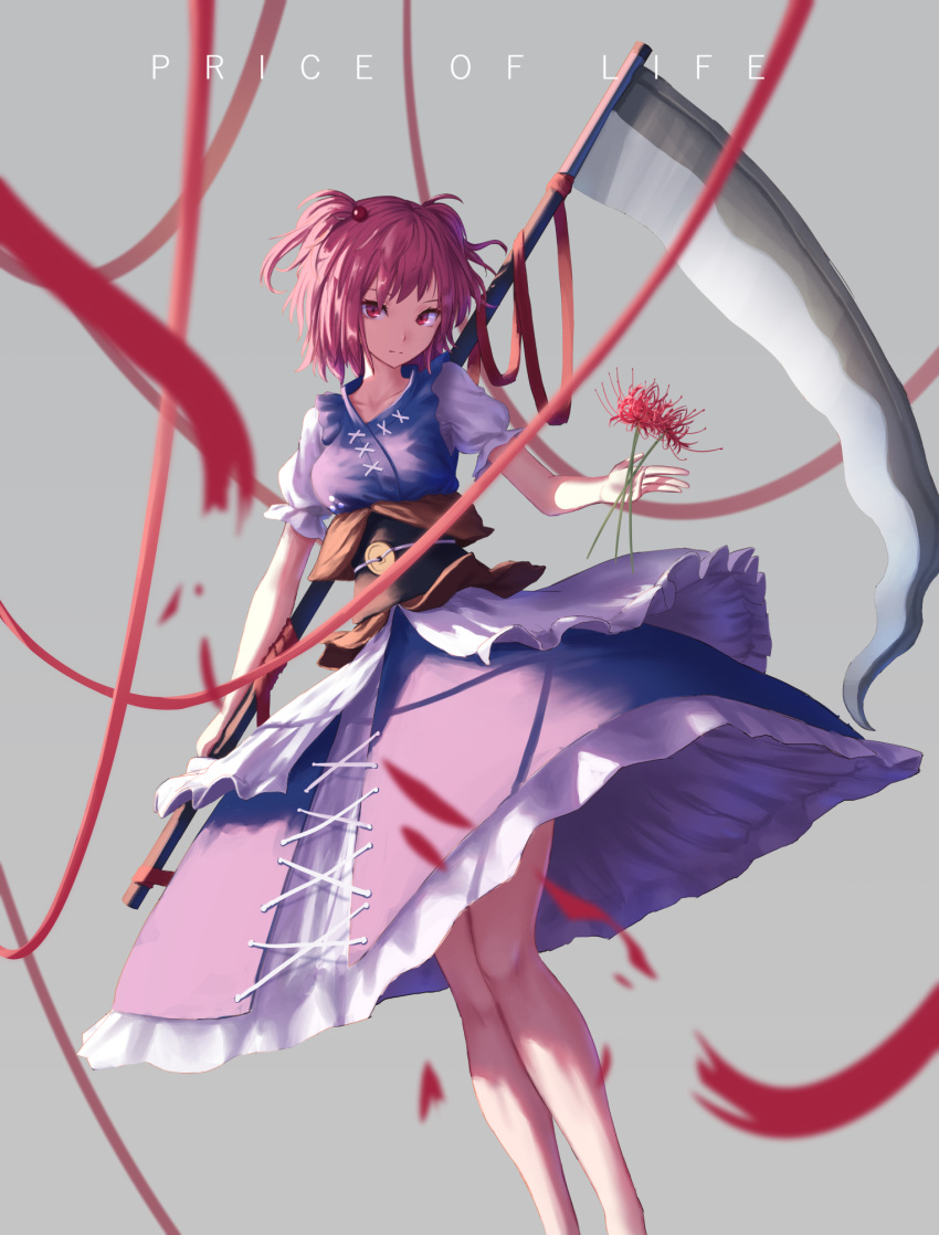 1girl apron bangs blue_dress breasts collarbone commentary cross-laced_clothes dress english english_commentary feet_out_of_frame flower grey_background hair_bobbles hair_ornament highres holding holding_flower holding_scythe holding_weapon medium_breasts onozuka_komachi petticoat puffy_short_sleeves puffy_sleeves red_eyes red_flower red_ribbon redhead ribbon roke_(taikodon) scythe short_hair short_sleeves simple_background solo standing touhou two_side_up waist_apron weapon white_apron