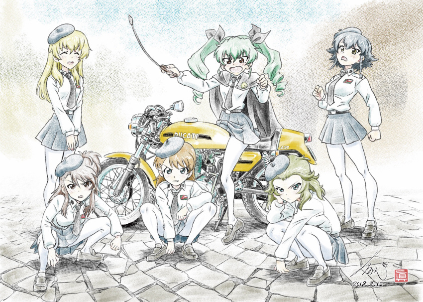 6+girls amaretto_(girls_und_panzer) anchovy angry anzio_school_uniform artist_name asymmetrical_bangs bangs belt beret black_belt black_cape black_footwear black_hair black_hat black_neckwear black_ribbon black_skirt blonde_hair blush braid brown_eyes brown_hair cape carpaccio chin_rest closed_eyes closed_mouth commentary dated day dress_shirt drill_hair ducati ducati_450_desmo embarrassed emblem eyebrows_visible_through_hair frown gelato_(girls_und_panzer) girls_und_panzer glaring green_hair hair_ornament hair_ribbon hairclip hat highres kubota_shinji loafers long_hair long_sleeves looking_at_viewer medium_hair miniskirt multicolored multicolored_background multiple_girls necktie open_mouth outdoors panettone_(girls_und_panzer) pantyhose pepperoni_(girls_und_panzer) pleated_skirt red_eyes ribbon riding riding_crop road school_uniform shirt shoes short_hair side_braid signature skirt smile squatting standing street twin_drills twintails v-shaped_eyebrows v_arms watermark white_legwear white_shirt