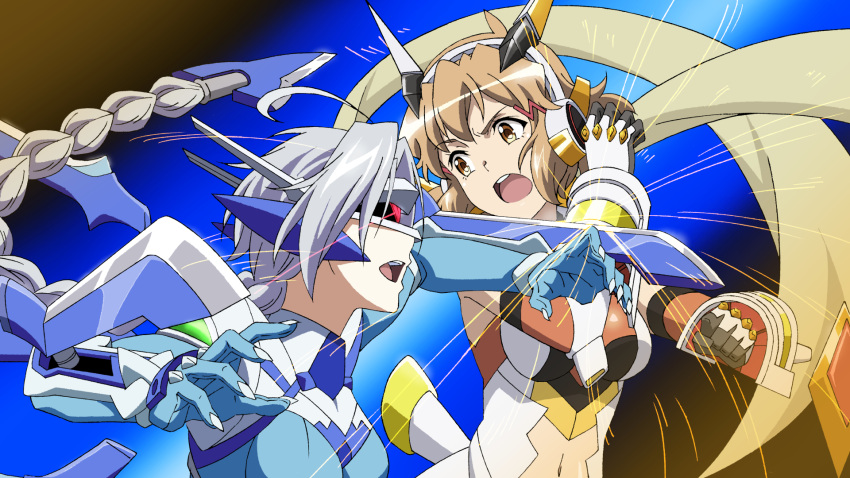 2girls ahoge arm_blade bare_shoulders blazblue bodysuit braid breasts brown_eyes brown_hair claws clenched_hands elbow_gloves fighting gloves headgear highres huge_ahoge long_hair medium_breasts miyabi_mt-b multiple_girls navel navel_cutout nu-13 open_mouth profile senki_zesshou_symphogear single_braid tachibana_hibiki_(symphogear) very_long_hair weapon