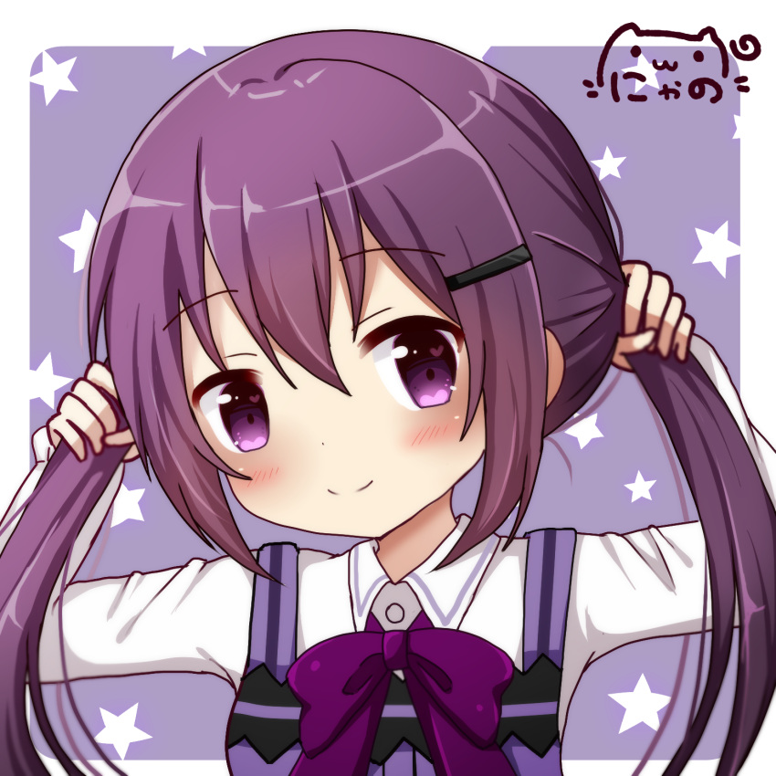 1girl arms_up bangs blush bow breasts bunching_hair closed_mouth collared_shirt commentary_request dress_shirt eyebrows_visible_through_hair gochuumon_wa_usagi_desu_ka? hair_between_eyes hair_ornament hairclip heart heart_in_eye highres holding holding_hair long_hair long_sleeves looking_at_viewer nyano21 purple_bow purple_hair purple_vest rabbit_house_uniform shirt sidelocks signature small_breasts smile solo star symbol_in_eye tedeza_rize twintails uniform vest violet_eyes white_shirt