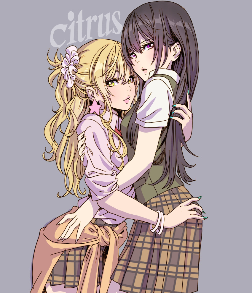 2girls absurdres aihara_mei aihara_yuzu bangs black_hair blonde_hair blue_nails bracelet brown_skirt brown_vest citrus_(saburouta) closed_mouth copyright_name cowboy_shot earrings fingernails from_side grey_background half_updo hand_on_another's_hip highres hug incest jewelry light_frown lips long_hair long_sleeves looking_at_viewer medium_skirt miniskirt multiple_girls nail_polish pink_shirt plaid plaid_skirt pleated_skirt red_neckwear scrunchie shirt short_sleeves simple_background skirt sleeves_rolled_up smile standing star star_earrings vest violet_eyes white_shirt yamashita_shun'ya yellow_eyes yuri