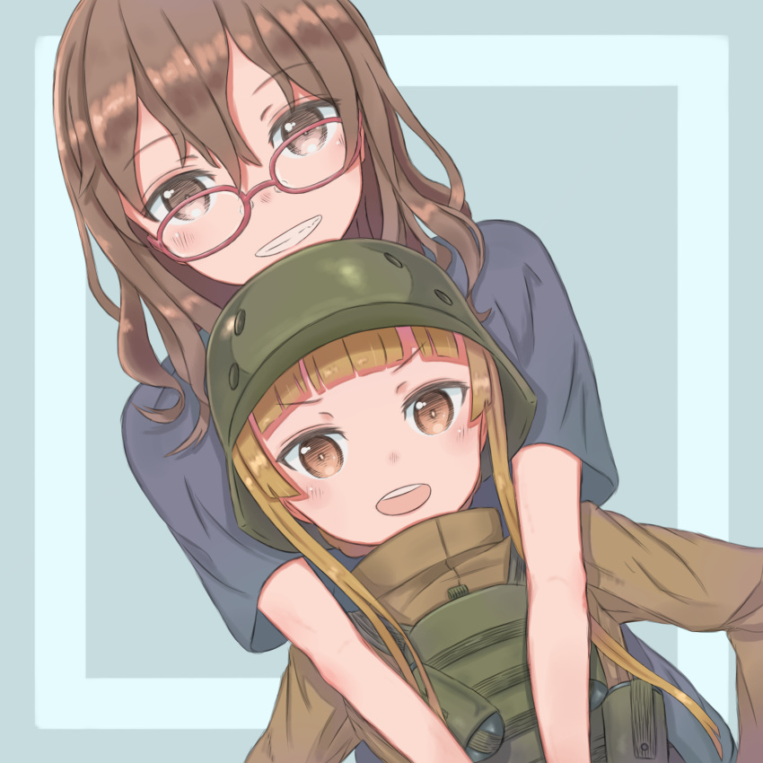2girls bandolier blonde_hair brown_hair character_request commentary_request dual_persona fukaziroh_(sao) glasses grin helmet highres multiple_girls open_mouth size_difference smile sword_art_online sword_art_online_alternative:_gun_gale_online user_pypn2283 vest