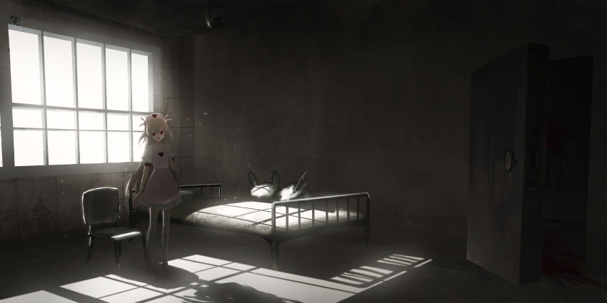 1girl :d absurdres asuteroid bed blonde_hair blood chair collared_shirt commentary_request day door dress hair_ornament hand_up hat heart highres horror_(theme) indoors looking_at_viewer natori_sana nurse nurse_cap open_mouth pink_dress puffy_short_sleeves puffy_sleeves red_eyes ruins sana_channel shade shadow shirt short_sleeves smile solo standing thigh-highs two_side_up virtual_youtuber white_legwear window wing_collar