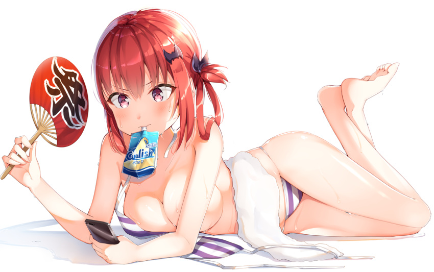 1girl bangs barefoot bat_hair_ornament bikini blush breasts cellphone cleavage commentary_request convenient_arm fan full_body gabriel_dropout hair_ornament hair_ribbon hair_rings holding holding_fan holding_phone kurumizawa_satanichia_mcdowell legs_up looking_at_phone lying medium_breasts medium_hair mouth_hold on_side paper_fan phone pink_eyes redhead ribbon shiero. simple_background smartphone solo striped striped_bikini sweat swimsuit towel twisted_torso uchiwa untied untied_bikini v-shaped_eyebrows white_background white_towel