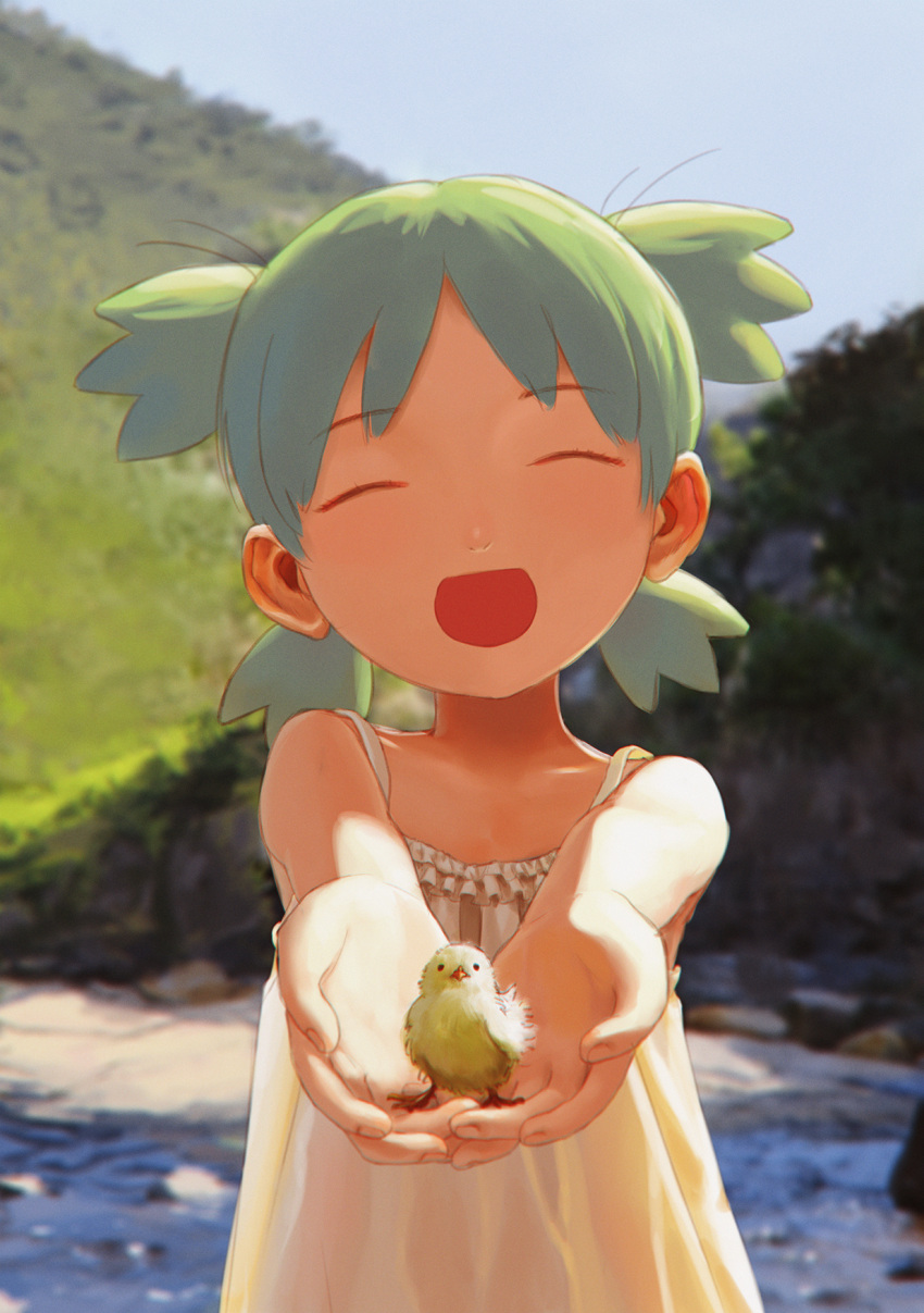 0x3 1girl animal backlighting bare_arms bare_shoulders bird chick child collarbone commentary_request day dress eyebrows_visible_through_hair facing_viewer green_hair hands_together hands_up highres holding koiwai_yotsuba looking_at_viewer medium_hair open_mouth outdoors outstretched_arm quad_tails smile upper_body yotsubato! |d