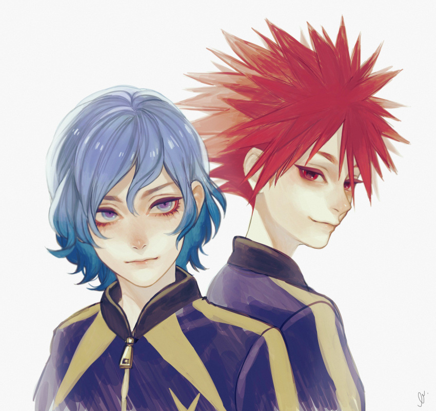 2boys blue_eyes blue_hair character_request closed_mouth commentary_request copyright_request grey_background highres looking_at_viewer looking_back male_focus multiple_boys murasaki_(fioletovyy) red_eyes redhead signature simple_background smile spiky_hair uniform zipper