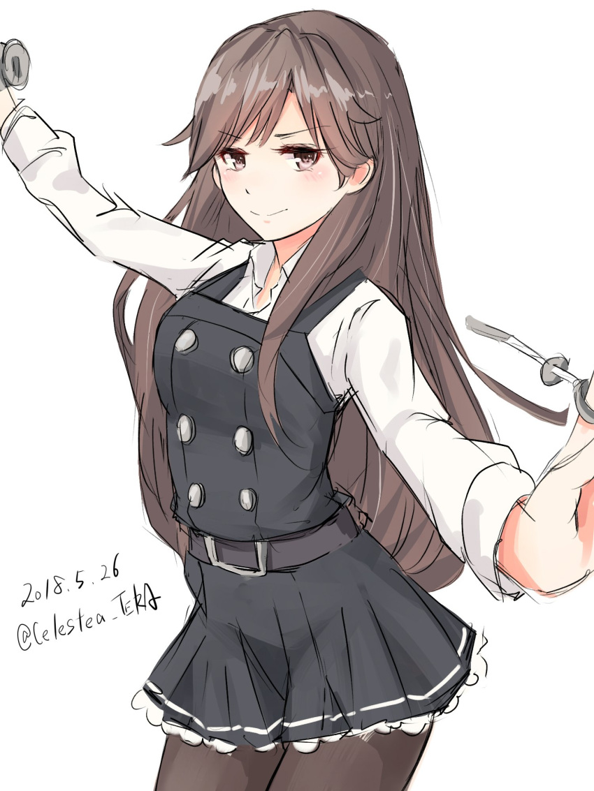 1girl arashio_(kantai_collection) belt black_legwear brown_eyes brown_hair celestea_tera cowboy_shot dated dress frilled_dress frills highres kantai_collection long_hair long_sleeves looking_at_viewer outstretched_arms pantyhose pinafore_dress remodel_(kantai_collection) simple_background smile solo standing twitter_username white_background