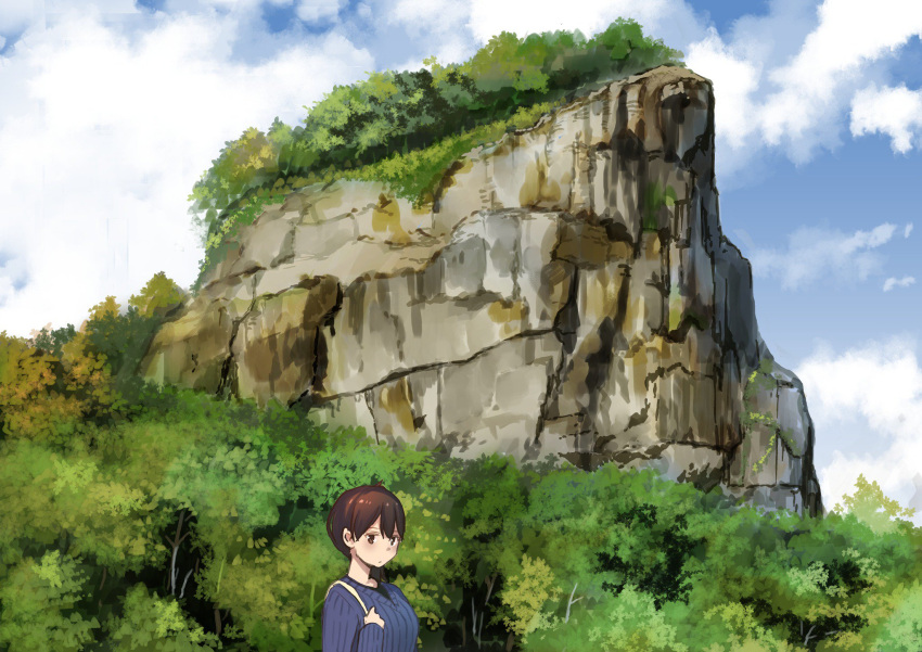 1girl backpack bag blue_sky blue_sweater brown_eyes brown_hair clouds cloudy_sky commentary_request day forest highres kaga_(kantai_collection) kantai_collection long_sleeves looking_at_viewer masukuza_j mountain nature outdoors ribbed_sweater short_hair sky solo sweater