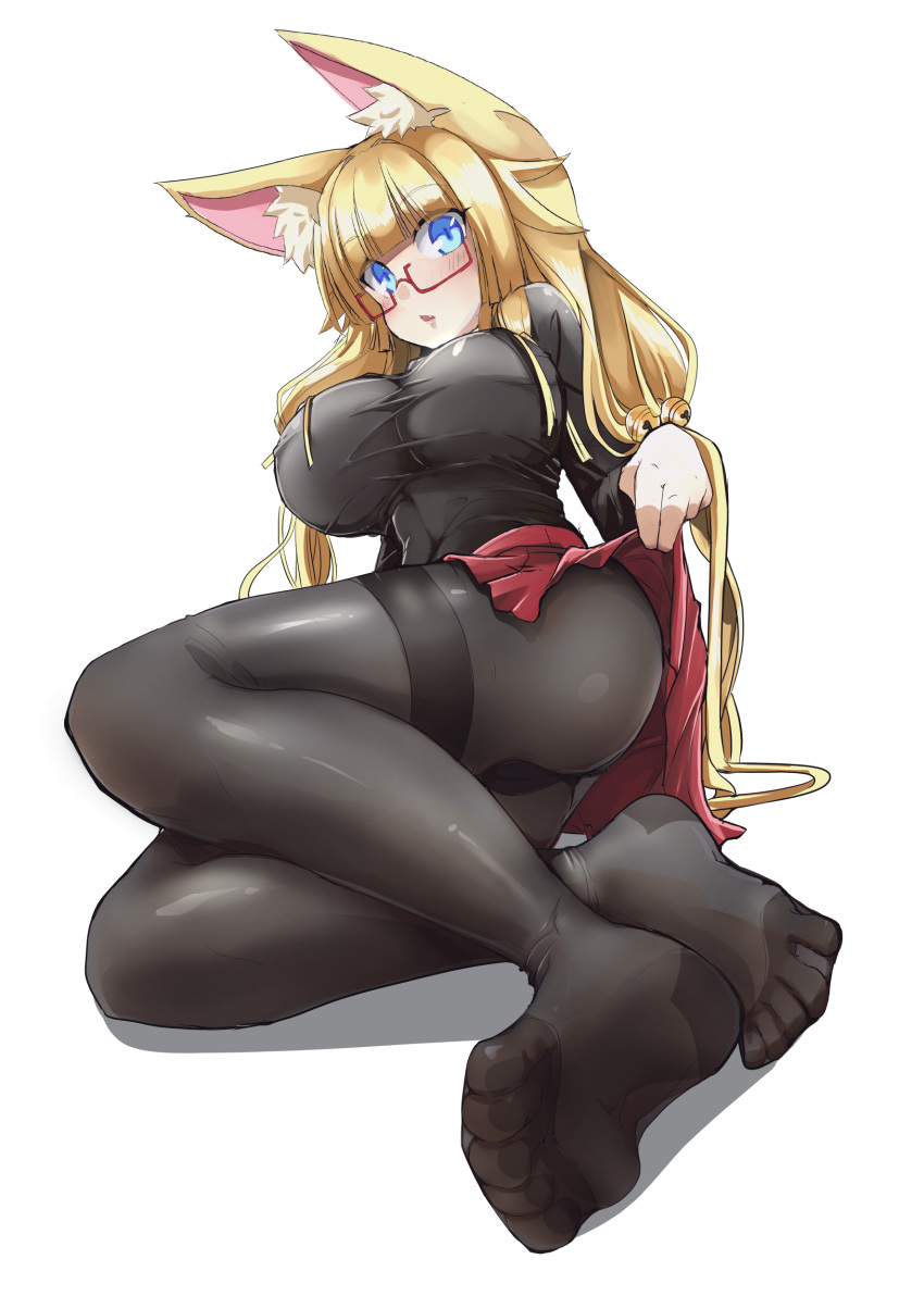 1girl :o absurdres amino_dopple animal_ears ass bangs barefoot black_legwear blue_eyes blunt_bangs blush breasts eyebrows_visible_through_hair foreshortening fox_ears full_body highres impossible_clothes large_breasts legs long_hair looking_at_viewer lying on_side original pantyhose parted_lips pleated_skirt red_skirt semi-rimless_eyewear skin_tight skirt skirt_lift soles solo thighband_pantyhose toes transparent_background under-rim_eyewear