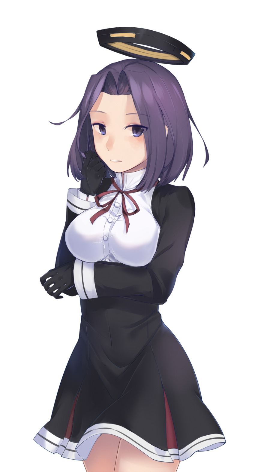 1girl black_gloves breasts commentary cowboy_shot gloves headgear highres kantai_collection long_sleeves mechanical_halo medium_breasts neck_ribbon parted_lips purple_hair red_ribbon ribbon school_uniform short_hair simple_background skirt solo tatsuta_(kantai_collection) violet_eyes white_background yorktown_cv-5