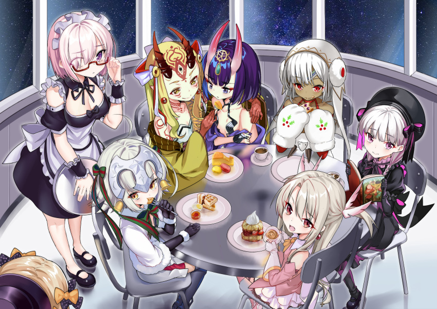 6+girls abigail_williams_(fate/grand_order) absurdres altera_(fate) altera_the_santa animal apron arm_around_shoulder bangs bell beret black_bow black_dress black_footwear black_gloves black_hat black_legwear blonde_hair blush book boots bow braid breasts bridal_gauntlets brown_eyes capelet chair cleavage closed_mouth coffee collarbone commentary_request cup dark_skin detached_sleeves doll_joints dress earmuffs elbow_gloves eyebrows_visible_through_hair facial_mark fang fang_out fate/extra fate/grand_order fate_(series) feeding fingerless_gloves food forehead_mark fork frilled_apron frills fur-trimmed_capelet fur_trim gloves green_bow green_ribbon hair_between_eyes hair_bow hair_over_one_eye hat hat_bow headpiece highres holding holding_book holding_cup holding_food holding_fork holding_saucer holding_tray horns ibaraki_douji_(fate/grand_order) illyasviel_von_einzbern indoors japanese_clothes jeanne_d'arc_(fate)_(all) jeanne_d'arc_alter_santa_lily kikimi kimono long_hair long_sleeves maid maid_headdress mary_janes mash_kyrielight medium_breasts mittens multiple_girls nursery_rhyme_(fate/extra) off_shoulder on_chair oni oni_horns open_book open_mouth orange_bow pantyhose pink_footwear pink_hair pink_legwear pink_shirt plate pleated_dress polka_dot polka_dot_bow puffy_short_sleeves puffy_sleeves purple_hair purple_kimono red-framed_eyewear red_eyes ribbon saucer semi-rimless_eyewear sheep shirt shoes short_hair short_sleeves shuten_douji_(fate/grand_order) silver_hair sitting sleeveless sleeveless_shirt smile standing star_(sky) striped striped_bow striped_ribbon table tattoo teacup thigh-highs thigh_boots tray twin_braids under-rim_eyewear veil very_long_hair violet_eyes waffle white_apron white_bow white_capelet white_dress white_gloves white_mittens wrist_cuffs yellow_kimono