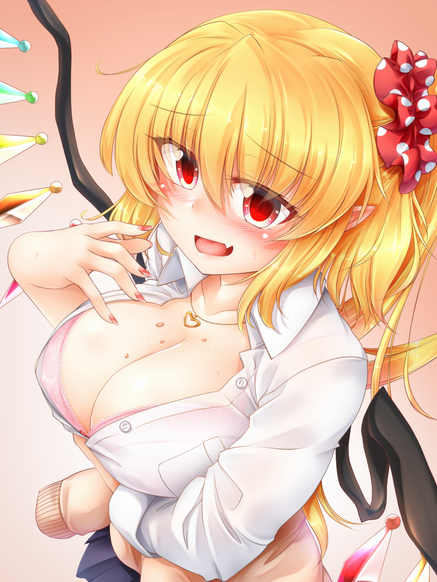 1girl alternate_breast_size blonde_hair blush bra breasts cleavage eyebrows_visible_through_hair fang flandre_scarlet hair_ribbon highres jewelry large_breasts long_hair looking_at_viewer m9kndi nail_polish necklace open_mouth pink_bra pointy_ears polka_dot_ribbon red_eyes red_nails red_ribbon ribbon shirt side_ponytail smile solo touhou underwear wings