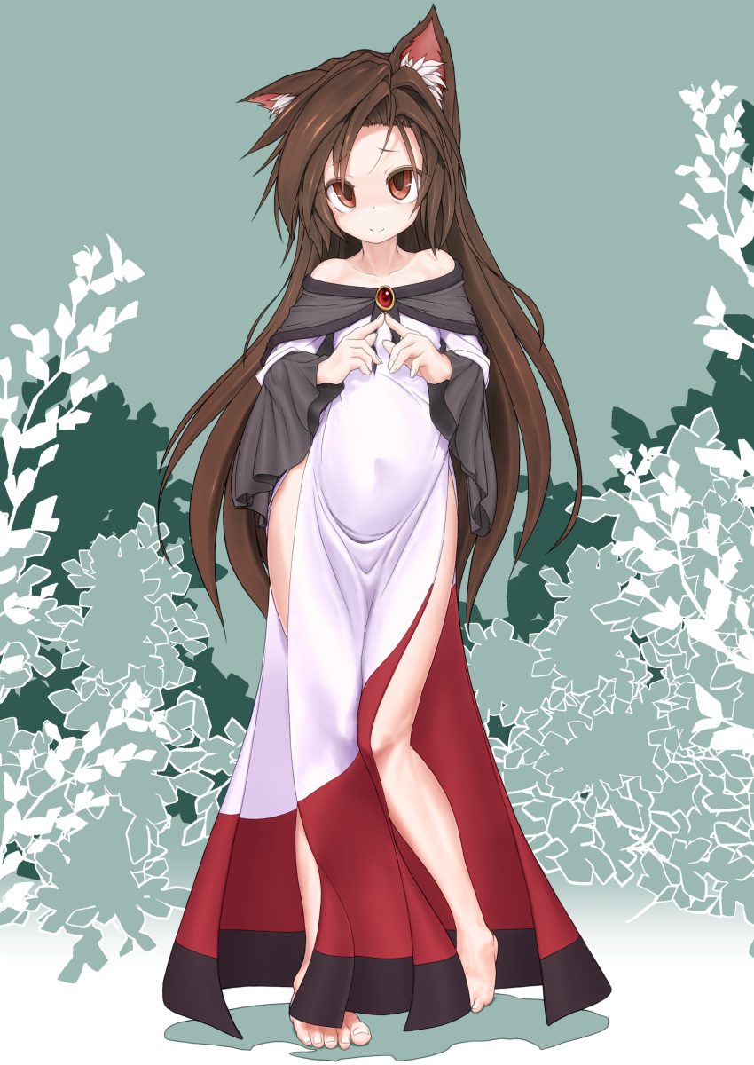 1girl absurdres alternate_costume animal_ears bare_shoulders barefoot brooch brown_hair collarbone dress fingernails highres imaizumi_kagerou jewelry long_hair long_sleeves looking_at_viewer navel pochi_colo red_eyes side_slit solo touhou wide_sleeves wolf_ears