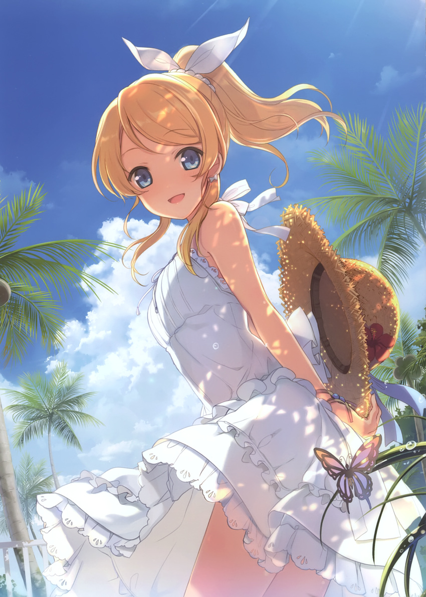 1girl 6u_(eternal_land) absurdres ayase_eli bangs bare_shoulders blue_sky blush bow bug butterfly clouds coconut day dress earrings eyebrows_visible_through_hair flower food frills fruit hair_bow hat hibiscus highres holding insect jewelry long_hair looking_at_viewer love_live! love_live!_school_idol_project open_mouth outdoors palm_tree scan shadow sky sleeveless sleeveless_dress smile solo straw_hat sun_hat sunlight tree water water_drop white_dress