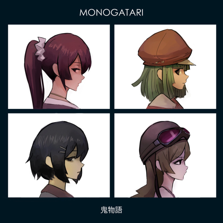 4girls album_cover bakemonogatari black_hair blonde_hair cabbie_hat cover demon_days_cover fake_cover goggles goggles_on_head gorillaz green_hair hair_ornament hairclip hanekawa_tsubasa hat helmet highres long_hair monogatari_(series) multiple_girls oshino_shinobu parody ponytail profile purple_hair qosic sengoku_nadeko senjougahara_hitagi short_hair