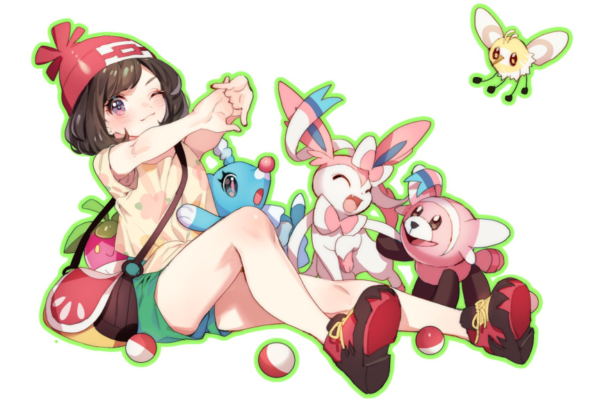 1girl bag beanie black_hair bounsweet brionne cutiefly gen_6_pokemon gen_7_pokemon green_shorts handbag hat highres interlocked_fingers mizuki_(pokemon) one_eye_closed outstretched_arms poke_ball pokemon pokemon_(creature) pokemon_(game) pokemon_sm red_hat shirt shoes short_hair short_sleeves shorts simple_background sitting stufful sylveon tied_shirt white_background zuizi