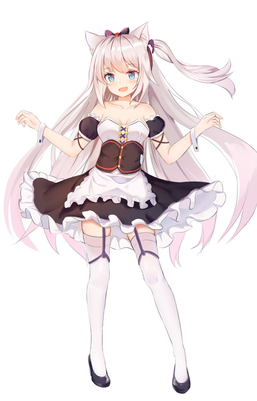 1girl :d animal_ears apron azur_lane bangs bare_shoulders black_bow black_dress black_footwear blue_eyes blush bow breasts cat_ears collarbone detached_sleeves dress eyebrows_visible_through_hair fang frilled_apron frills hair_bow hammann_(azur_lane) hands_up high_heels highres long_hair medium_breasts mobu_(wddtfy61) one_side_up open_mouth puffy_short_sleeves puffy_sleeves shoes short_sleeves sidelocks silver_hair simple_background skindentation smile solo standing star strapless strapless_dress thigh-highs very_long_hair waist_apron white_apron white_background white_legwear wrist_cuffs
